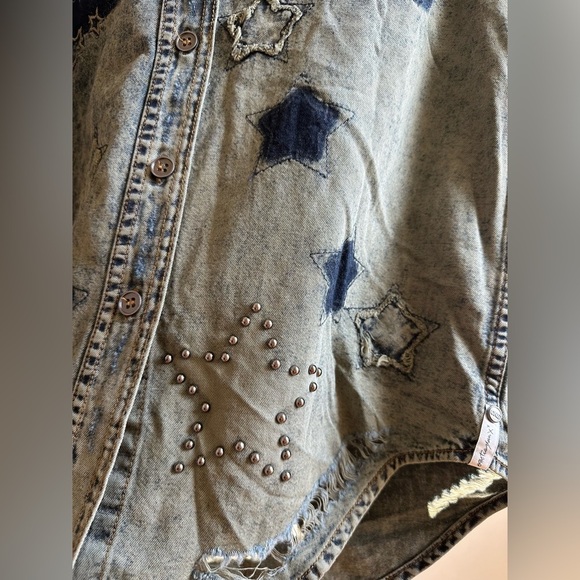 NWT Free People One Teaspoon Everyday Denim Classic Star Shirt S Petrol Green - Picture 7 of 11